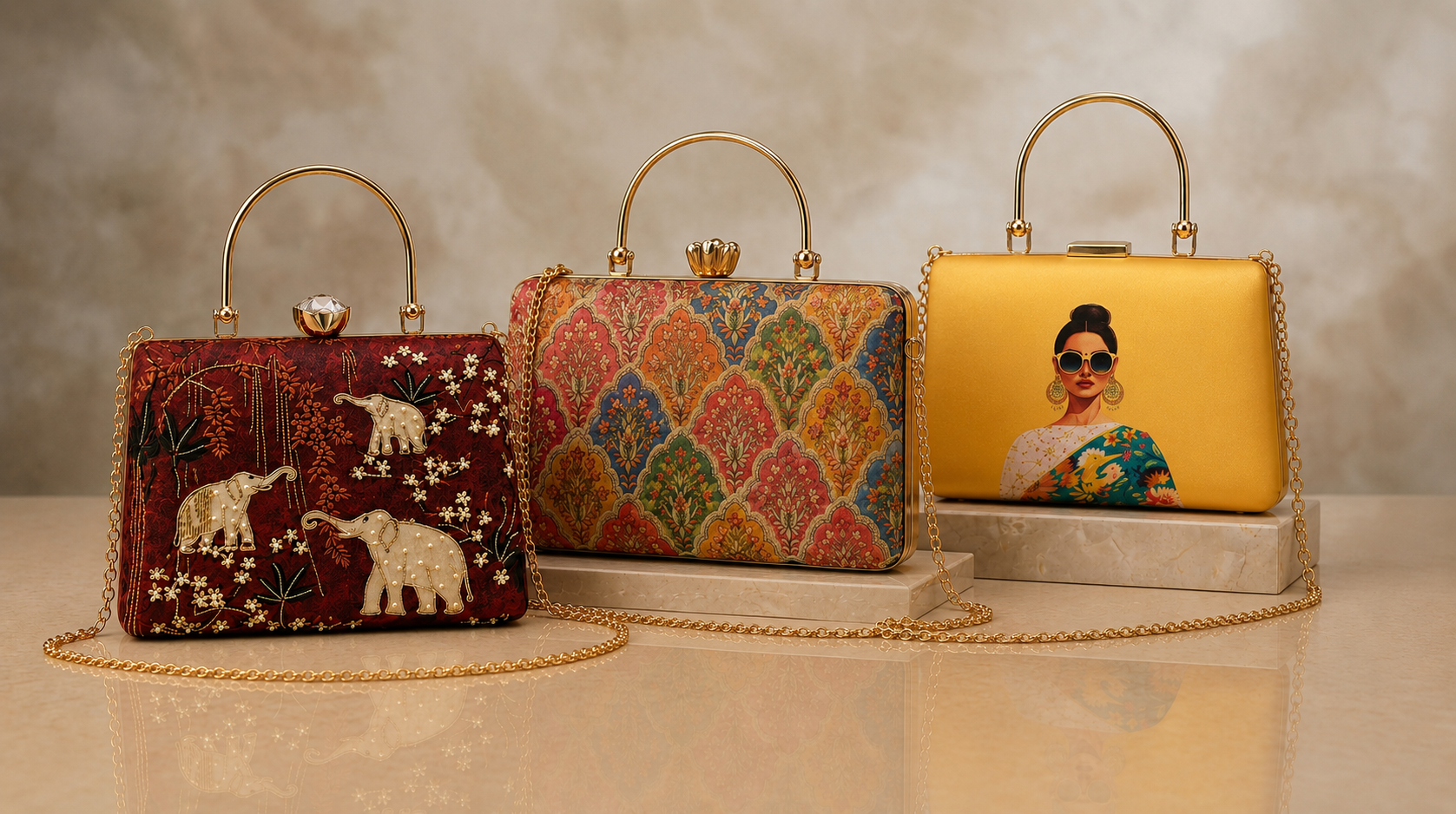 Three eve clutches, hand embroidered, printed and illustrated, photographed together
